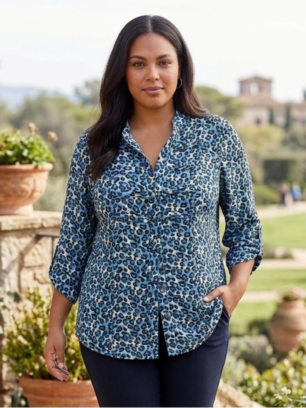 Blue Leopard Print Button-Up Blouse